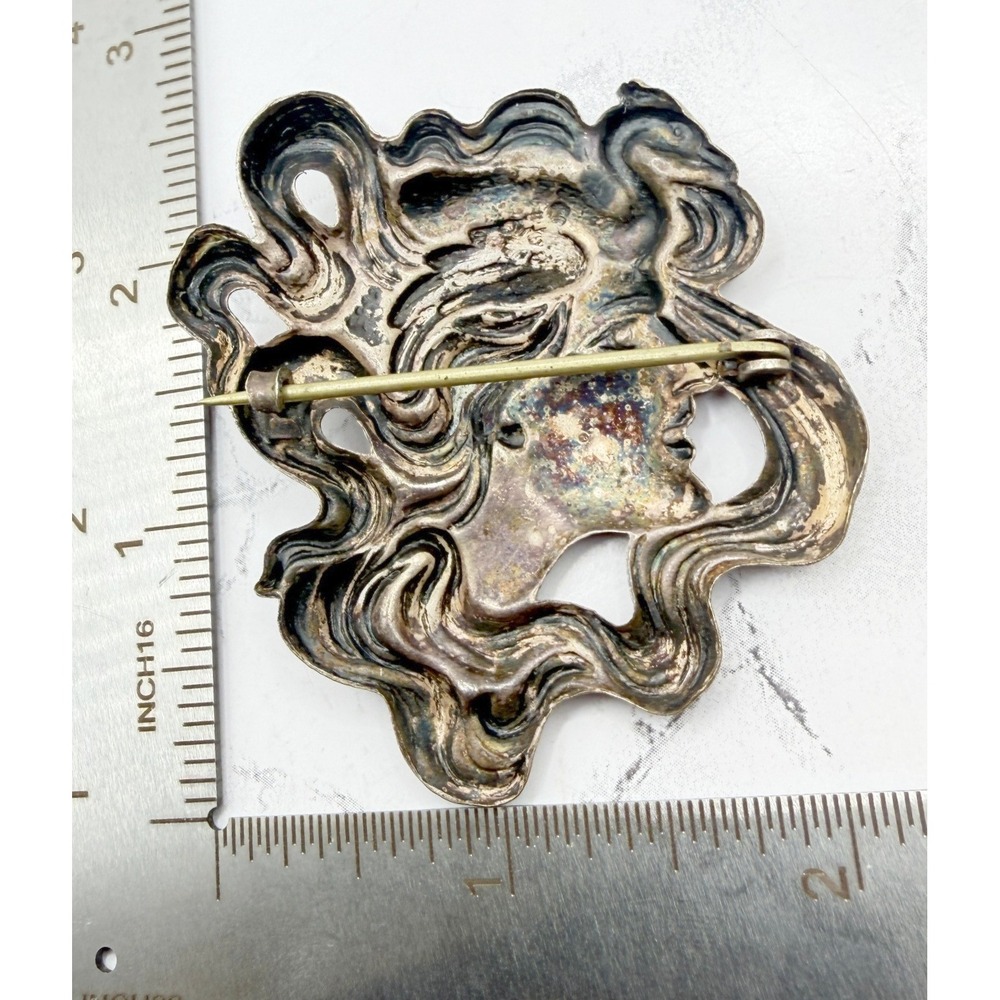 Vintage Figural Woman Face Brooch Bird Hair Art Nouveau Style Sculptural 2.5" - Picture 6 of 6